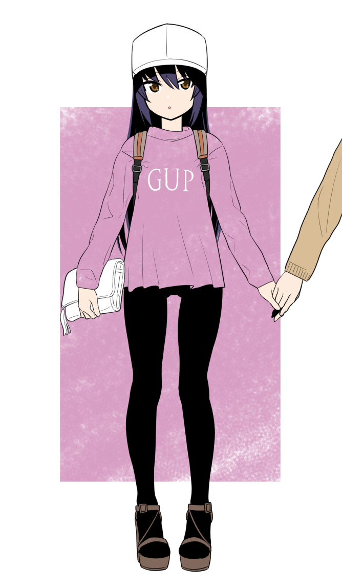 1girl, 1other, :o, backpack, bag, bangs, baseball_cap, black_hair