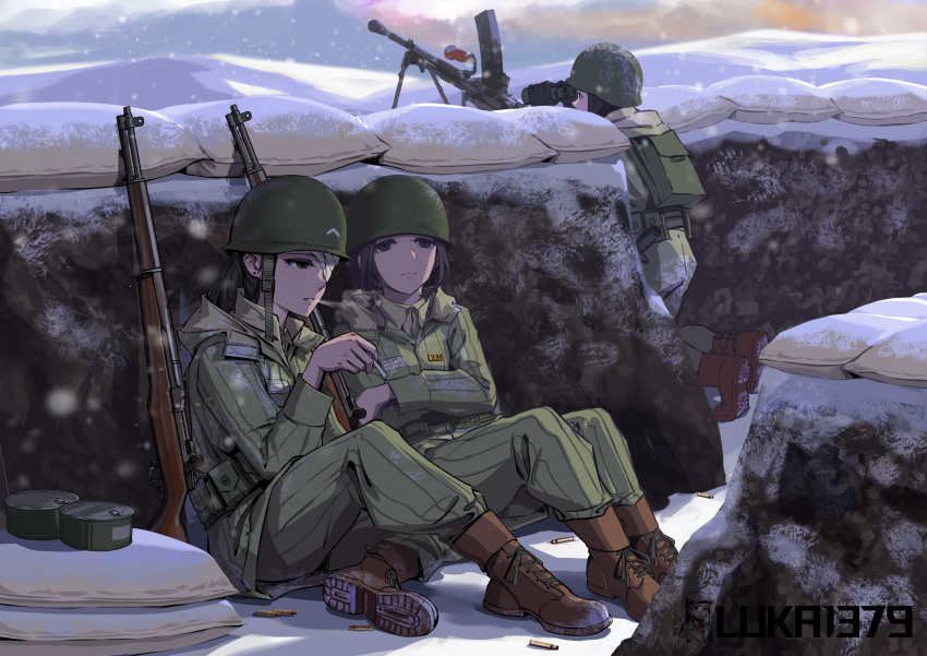 2girls, absurdres, artist_name, backpack, bag, binoculars, black_eyes, black_hair, bren_lmg, can, cigarette, clouds, crossed_arms, frown, gaiters, gun, helmet, highres, hill, kneeling, korean_war, long_hair, luli1379, m1_garand, machine_gun, military, military_uniform, multiple_girls, original, outdoors, rifle, sandbag, shell_casing, sitting, smoking, snow, snowing, soldier, uniform, vietnam_war, weapon, winter