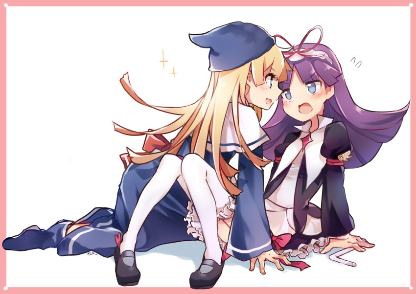 2girls, black_eyes, blonde_hair, blue_eyes, blush, eyebrows_visible_through_hair, face-to-face, feli_(puyopuyo)