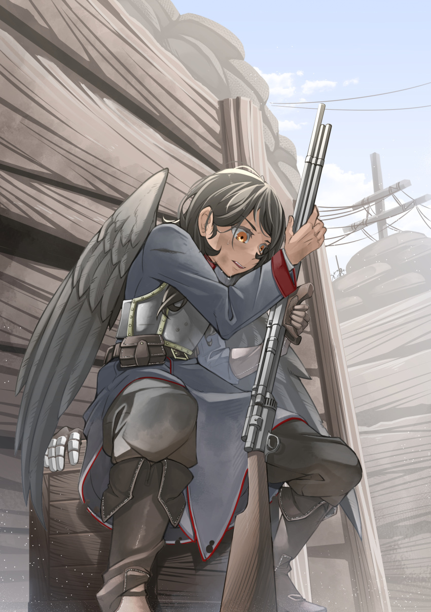 absurdres, armor, barbed_wire, belt, black_hair, black_wings, boots, breastplate, brown_eyes, bullet_hole, clouds, crate, dirty, dirty_face, gauntlets, gloves, gun, highres, ikeshiki-chuujou, knee_boots, long_hair, looking_down, military, military_uniform, open_mouth, original, pouch, power_lines, rifle, sandbag, scared, short_hair, single_glove, sky, soldier, sweat, trench, trench_coat, uniform, utility_pole, war, weapon, wings