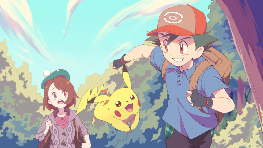 1boy, 1girl, 32890_(artist), absurdres, ash_ketchum, backpack, bag, bangs