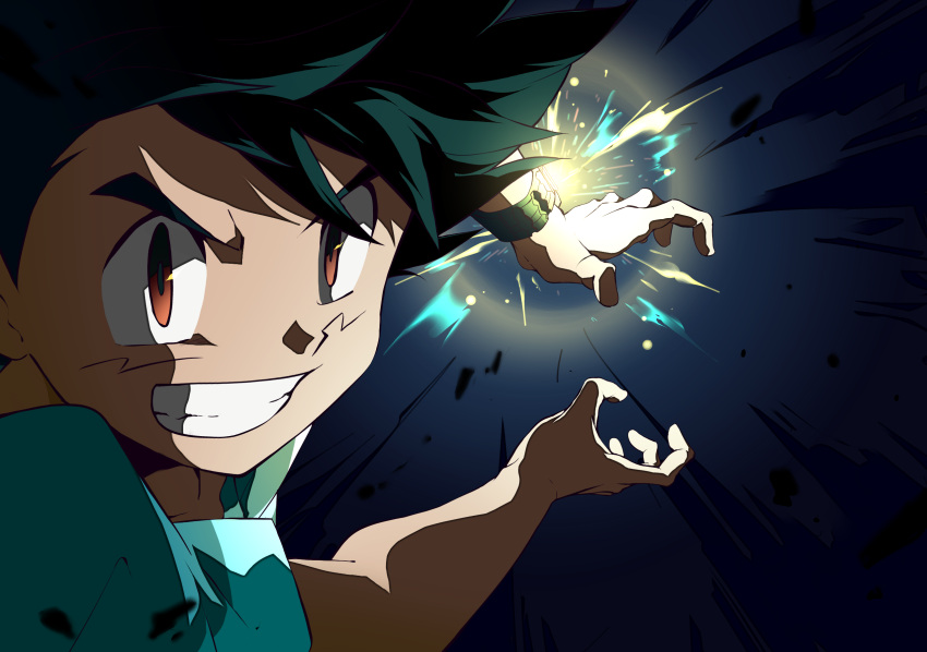 1boy, 32890_(artist), ash_ketchum, bangs, brown_eyes, commentary_request, energy, green_hair