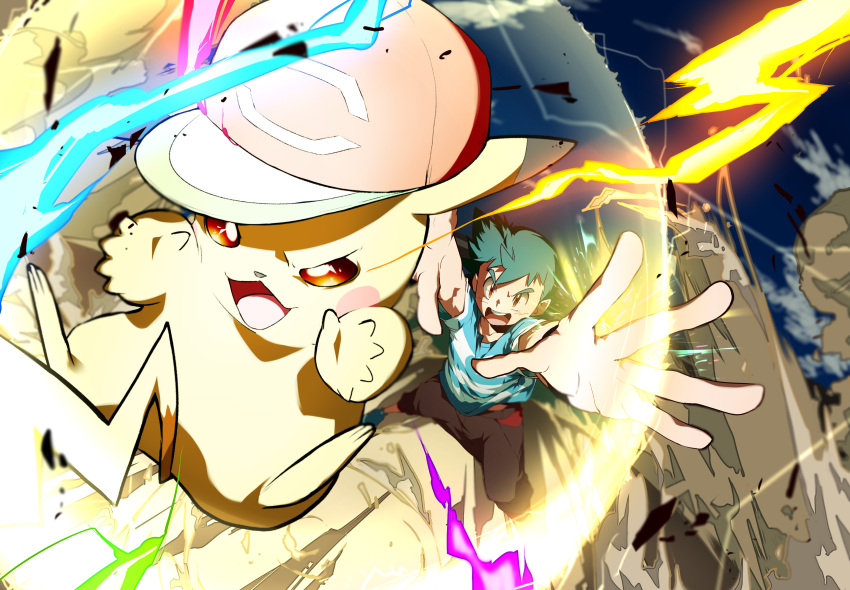 1boy, 32890_(artist), :d, absurdres, arms_up, ash_ketchum, bangs, baseball_cap
