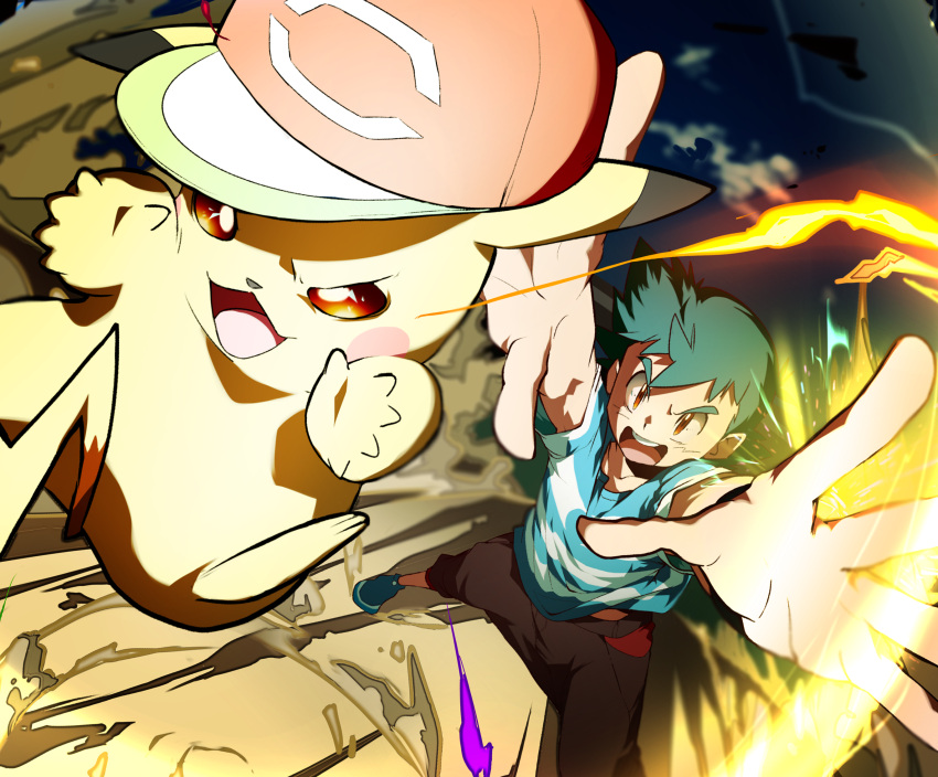 1boy, 32890_(artist), :d, arms_up, ash_ketchum, bangs, baseball_cap, blurry