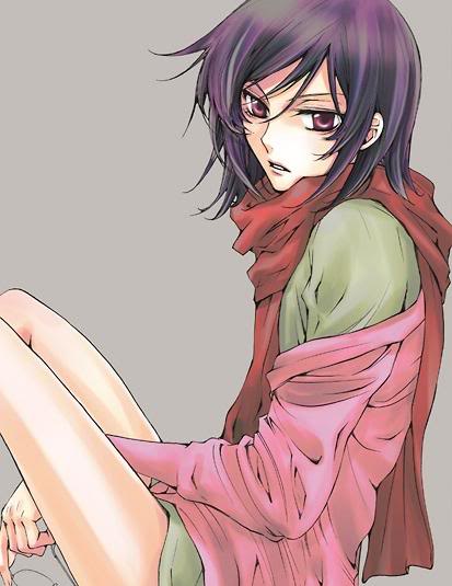 holding_glasses, muffler, pink_eyes, purple_hair, scarf, thighs