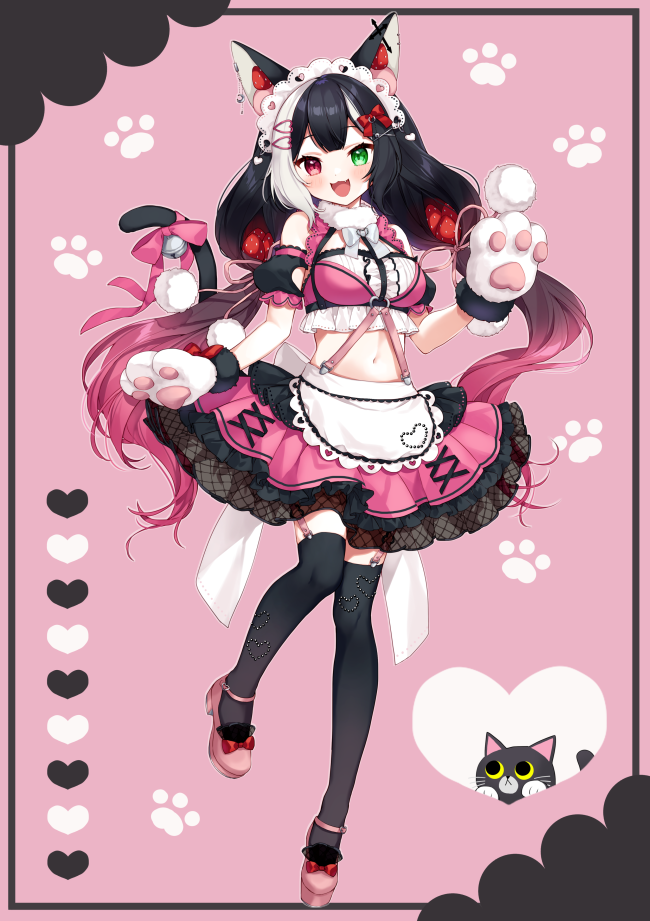 1girl, :d, animal_ears, apron, bangs, bell, black_hair, black_legwear