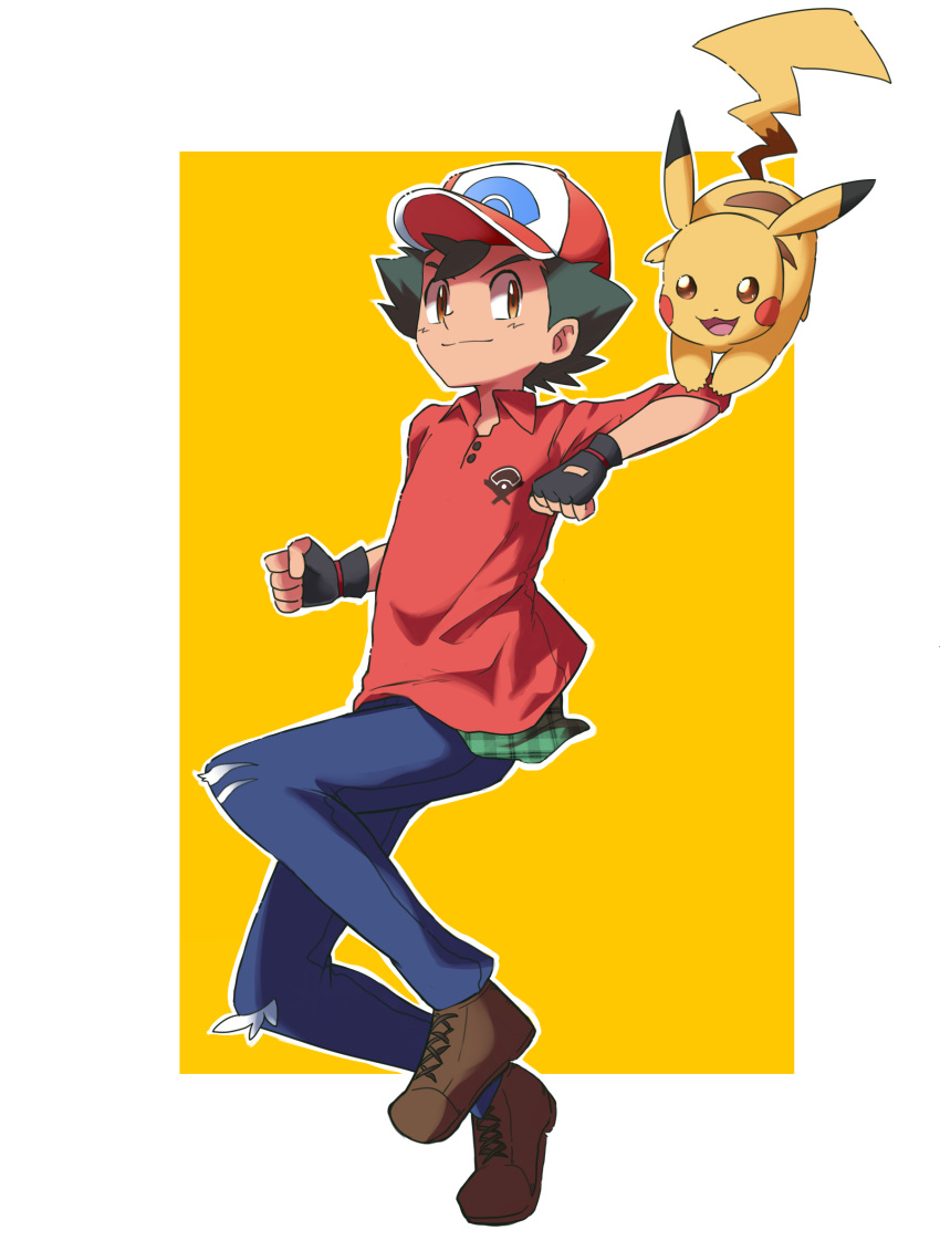 1boy, 32890_(artist), ash_ketchum, bangs, baseball_cap, black_gloves, black_hair, brown_eyes