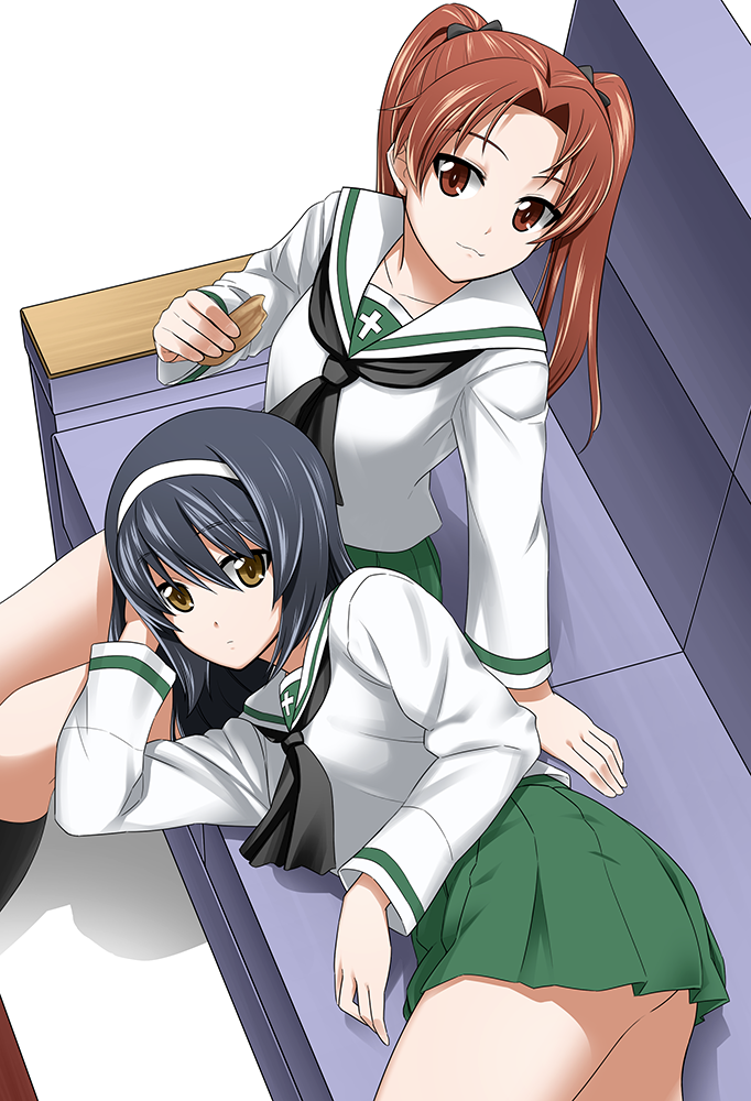 bangs, black_bow, black_hair, black_legwear, black_neckwear, blouse, bow, brown_eyes