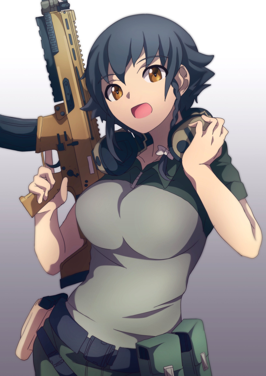 1girl, 9s0ykoyama117, absurdres, assault_rifle, bangs, belt, black_hair, braid