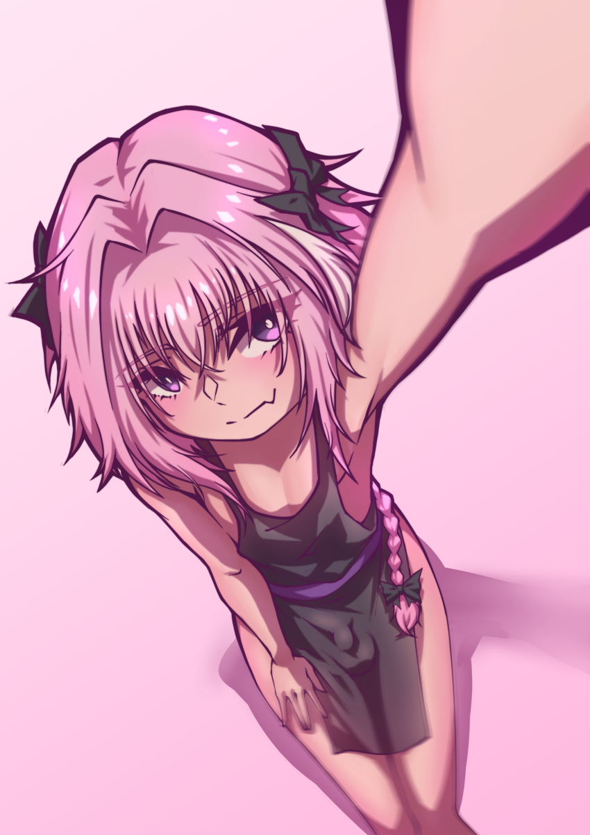 1boy, absurdres, alternate_costume, astolfo_(fate), blush, fate/apocrypha, fate/grand_order, fate_(series), from_above, hair_ornament, hej, highres, long_hair, looking_at_viewer, male_focus, otoko_no_ko, pink_background, pink_hair, ribbon, simple_background, solo, violet_eyes