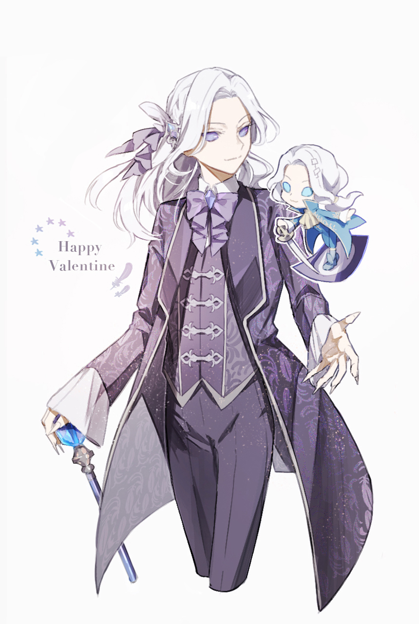 2boys, ascot, blue_eyes, blue_sclera, bow, bowtie, cane, chibi