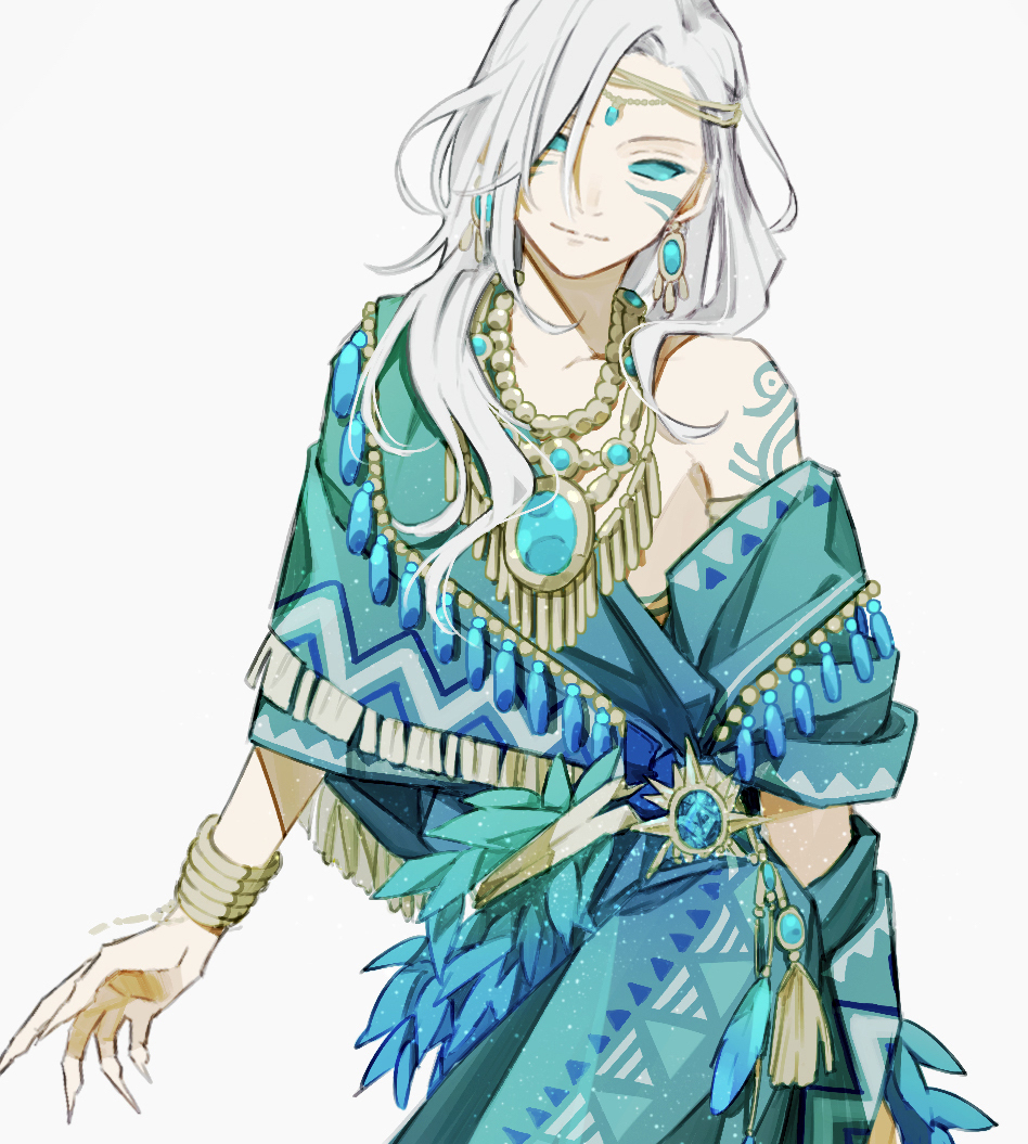 1boy, blue_sclera, bracelet, colored_sclera, earrings, facial_tattoo, hair_over_one_eye, headband