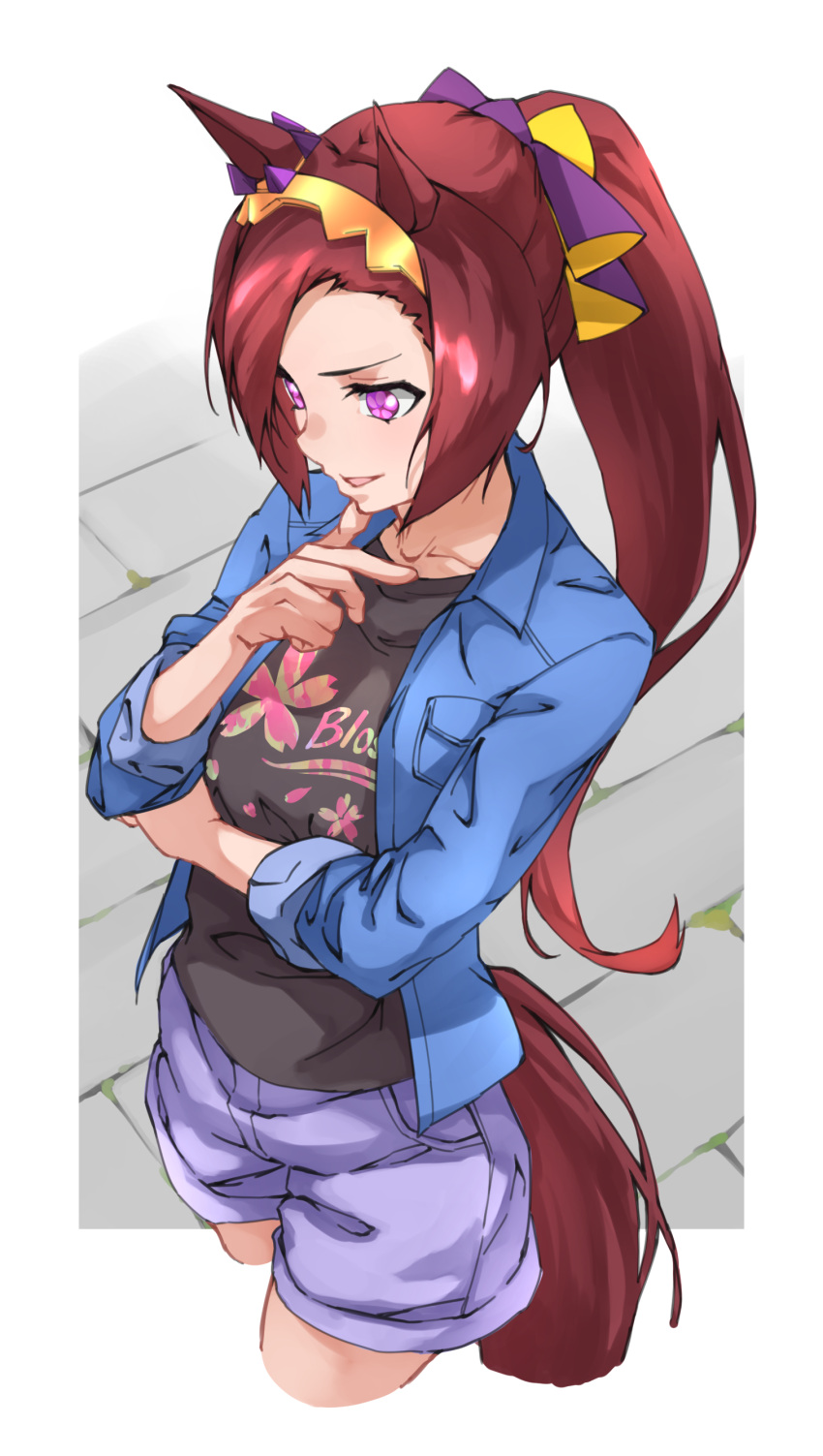 1girl, absurdres, animal_ears, arm_under_breasts, asymmetrical_bangs, bangs, border, breasts