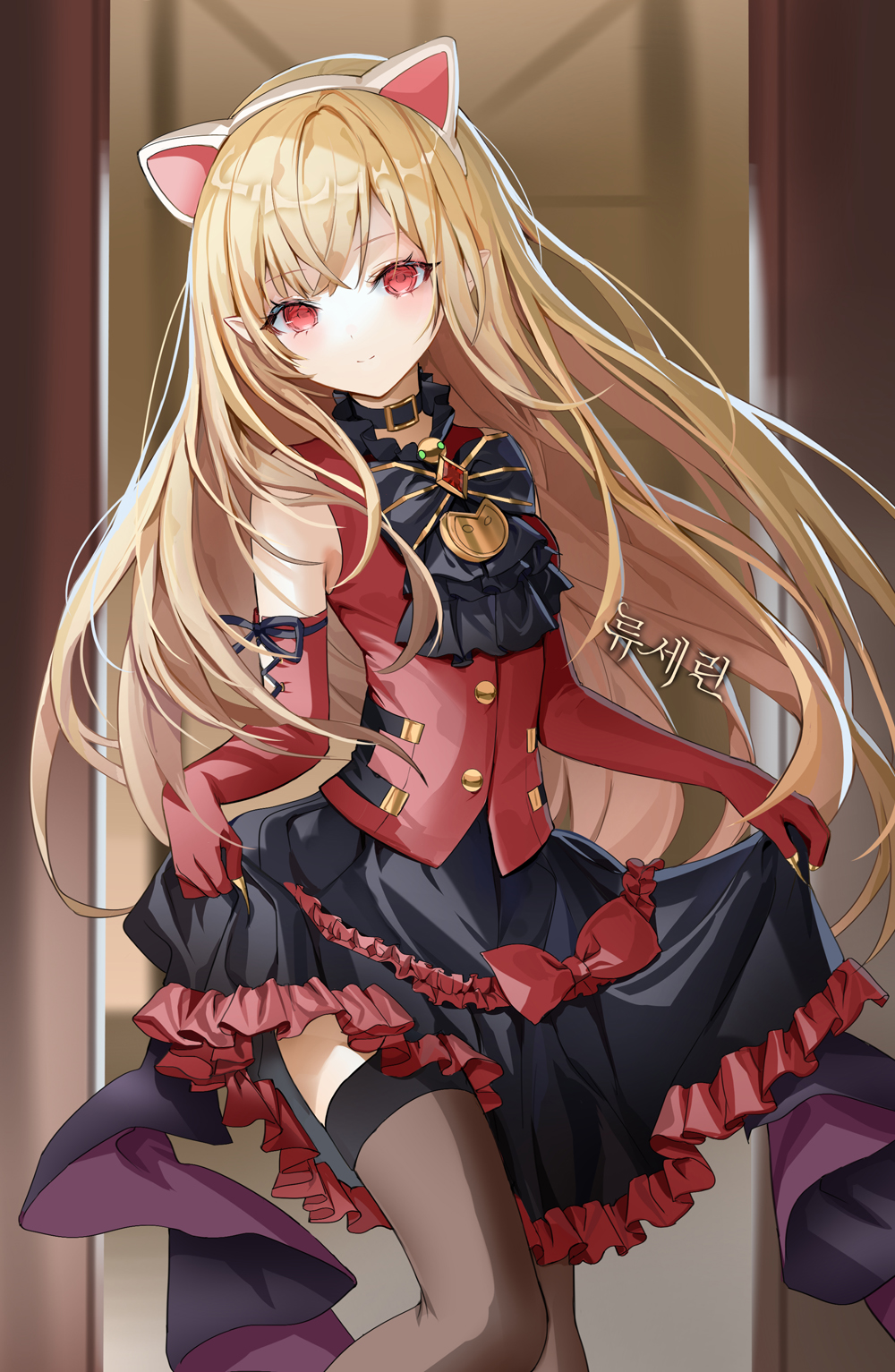 1girl, animal_ears, ascot, bare_shoulders, black_choker, black_skirt, blonde_hair, bow