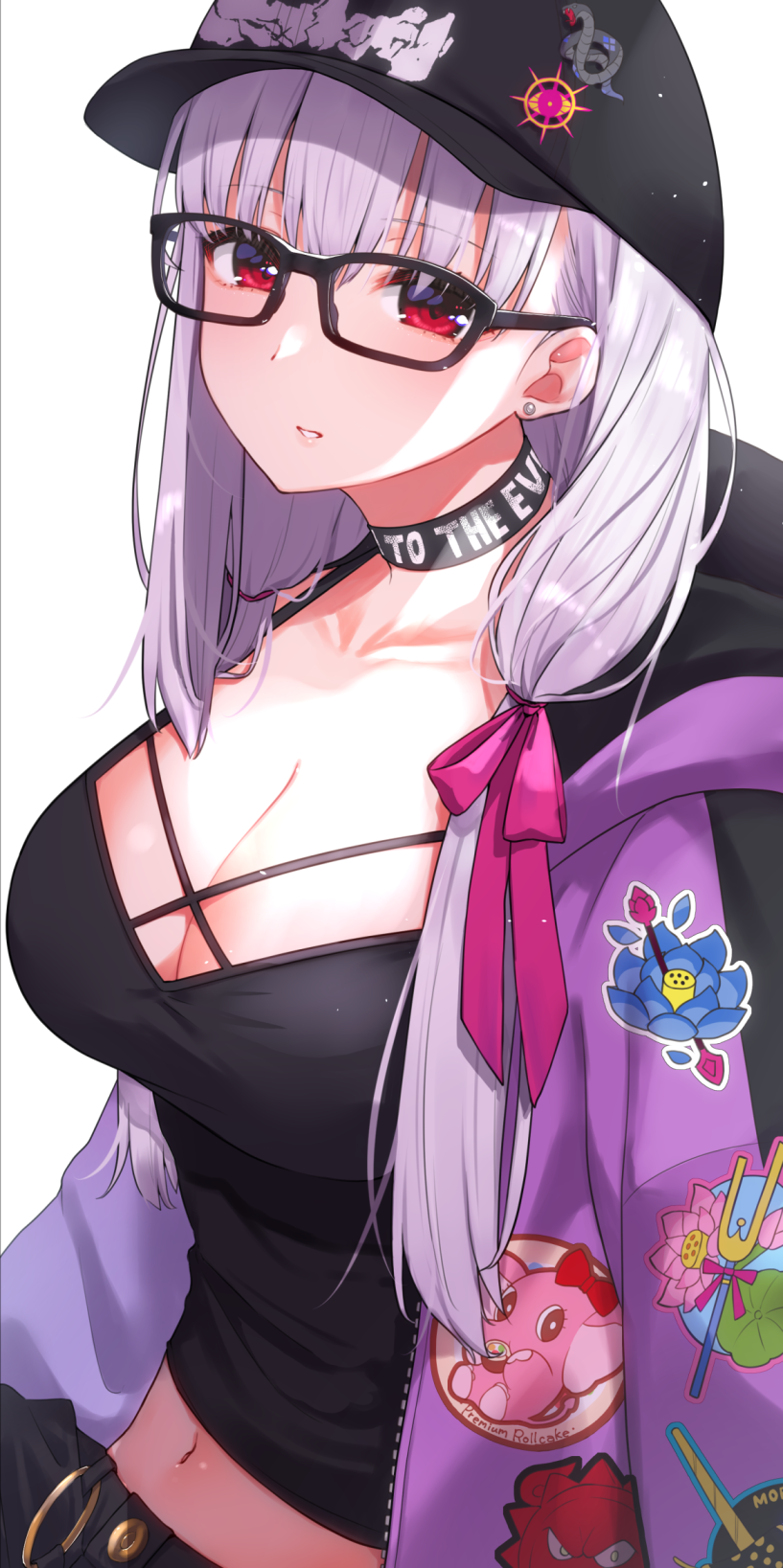 1girl, bangs, baseball_cap, black_camisole, blush, breasts, camisole, choker