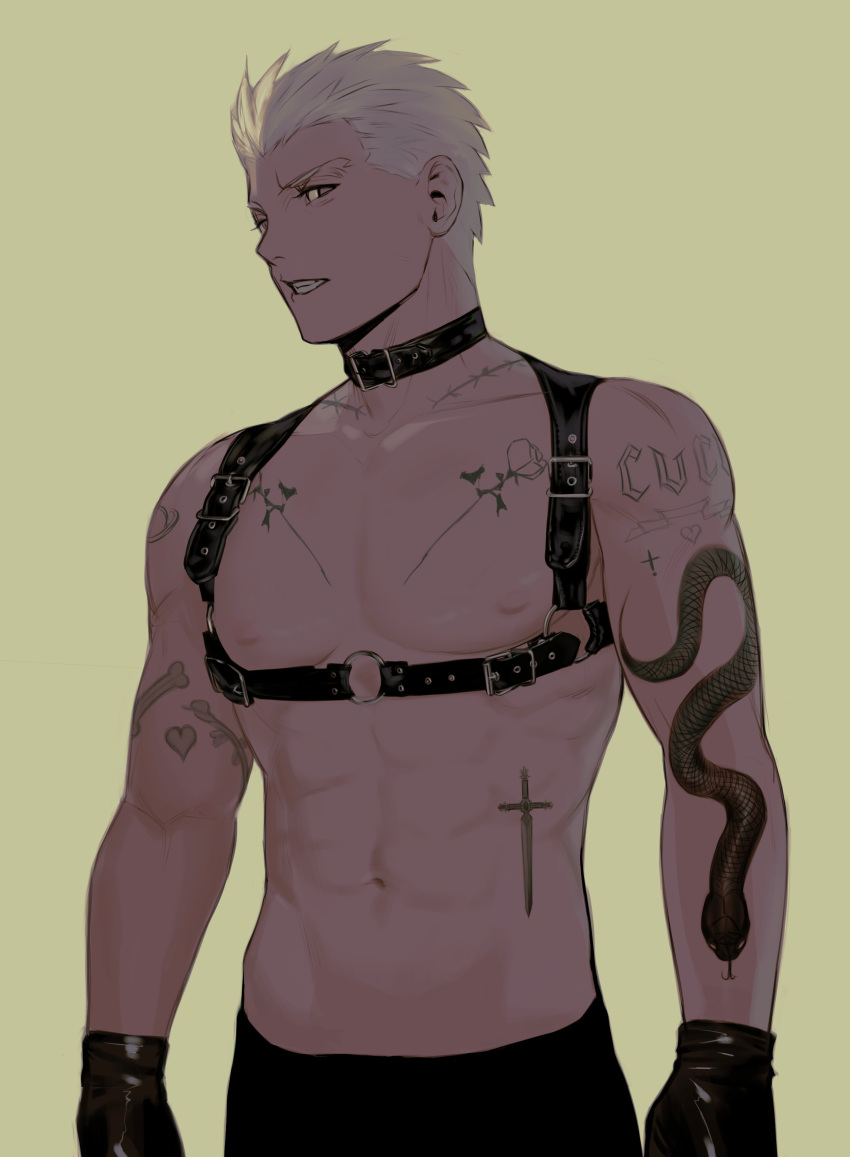 1boy, absurdres, alternate_costume, archer_(fate), arm_tattoo, baragi, belt_collar, black_collar, chest_harness, chest_tattoo, collar, cowboy_shot, cross_tattoo, dark-skinned_male, dark_skin, fate/grand_order, fate_(series), gloves, harness, highres, large_pectorals, leather, leather_gloves, male_focus, muscular, muscular_male, nipples, pectorals, shirtless, short_hair, solo, tattoo, white_hair
