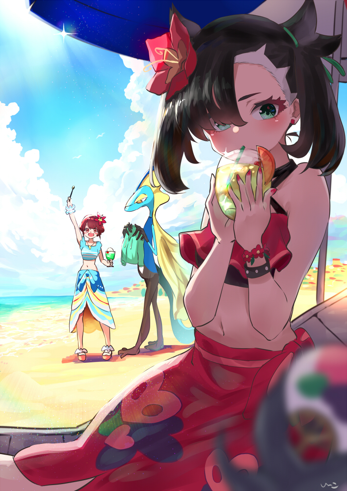 2girls, :d, arm_up, asymmetrical_bangs, bangs, beach, beach_chair, beach_umbrella