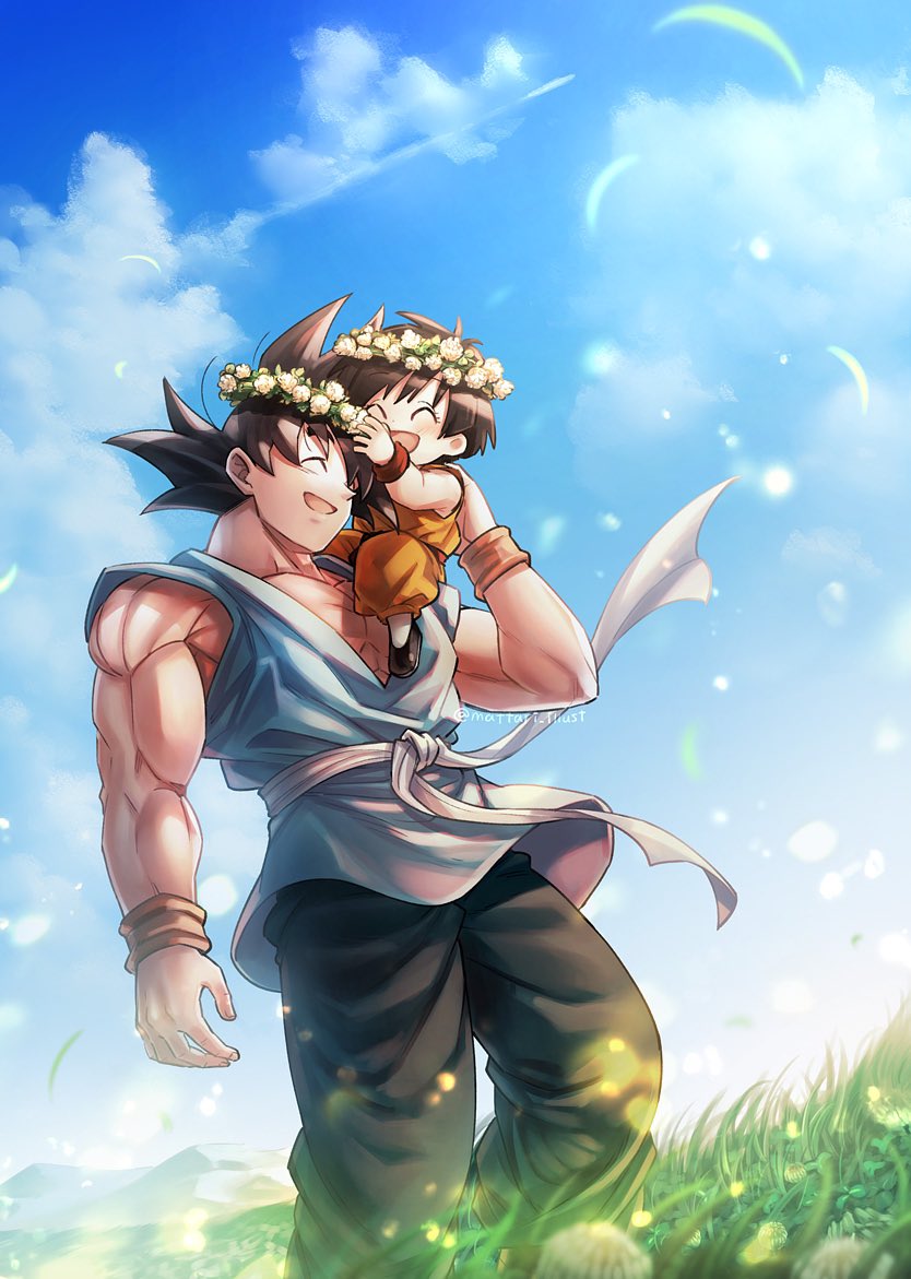 1boy, 1girl, ^_^, bare_shoulders, black_hair, black_pants, carrying_over_shoulder, child