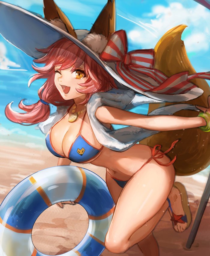 1girl, animal_ears, bangs, bare_legs, beach, bikini, blue_bikini, blue_sky, breasts, clouds, fate/grand_order, fate_(series), fox_ears, fox_tail, hat, holding, holding_lifebuoy, large_breasts, lifebuoy, long_hair, looking_at_viewer, nima_(niru54), ocean, one_eye_closed, open_mouth, orange_eyes, pink_hair, ponytail, ribbon, sandals, shirt, side_ponytail, sky, smile, solo, standing, standing_on_one_leg, stomach, swimsuit, tail, tamamo_(fate)_(all), tamamo_no_mae_(swimsuit_lancer)_(fate)