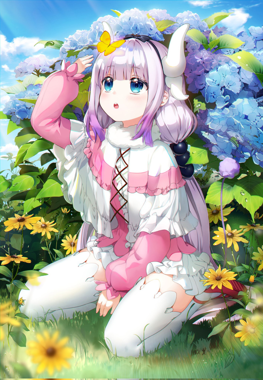 1girl, :o, bangs, black_hairband, blue_eyes, blue_sky, blunt_bangs, bug, butterfly, clouds, commentary_request, day, dragon_girl, dragon_horns, eyebrows_visible_through_hair, flower, grass, hairband, highres, horns, insect, kanna_kamui, kobayashi-san_chi_no_maidragon, long_hair, long_sleeves, looking_at_animal, looking_up, low_twintails, pink_hait, sitting, sky, solo, tail, thigh-highs, thighs, ttorong, twintails, wariza, white_legwear