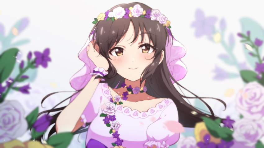 1girl, blurry, blurry_background, blurry_foreground, blush, bridal_veil, brown_eyes, brown_hair
