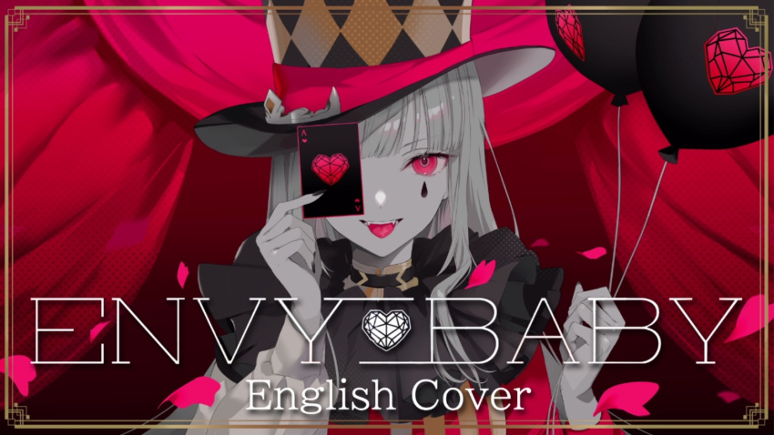 1girl, ace_of_hearts, asymmetrical_sleeves, balloon, bangs, brown_hair, card, clown