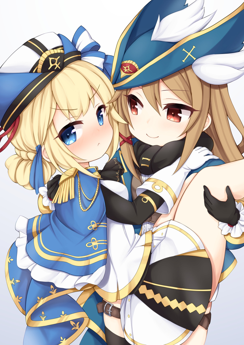 2girls, absurdres, azur_lane, black_gloves, black_scarf, black_sleeves, blonde_hair, blue_cape