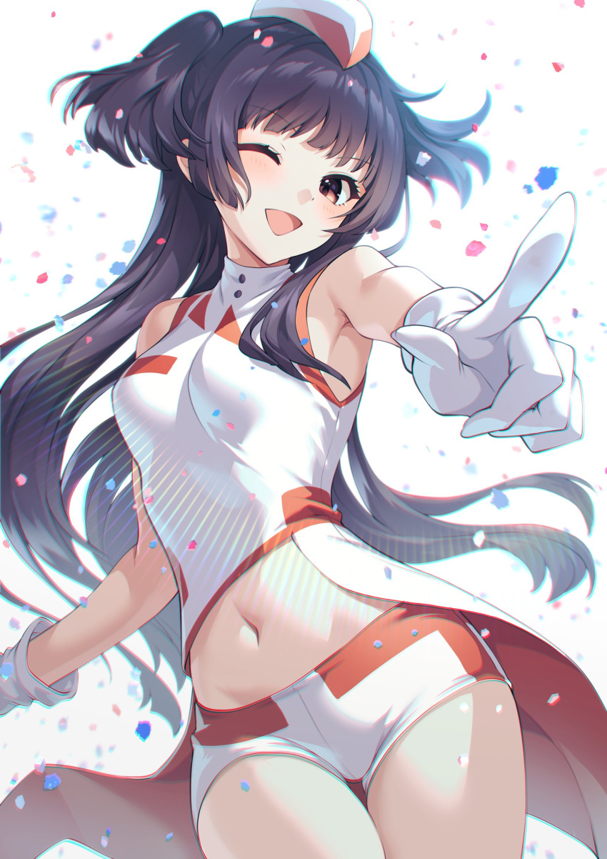 1girl, bangs, bare_shoulders, black_hair, blush, breasts, brown_eyes, coattails