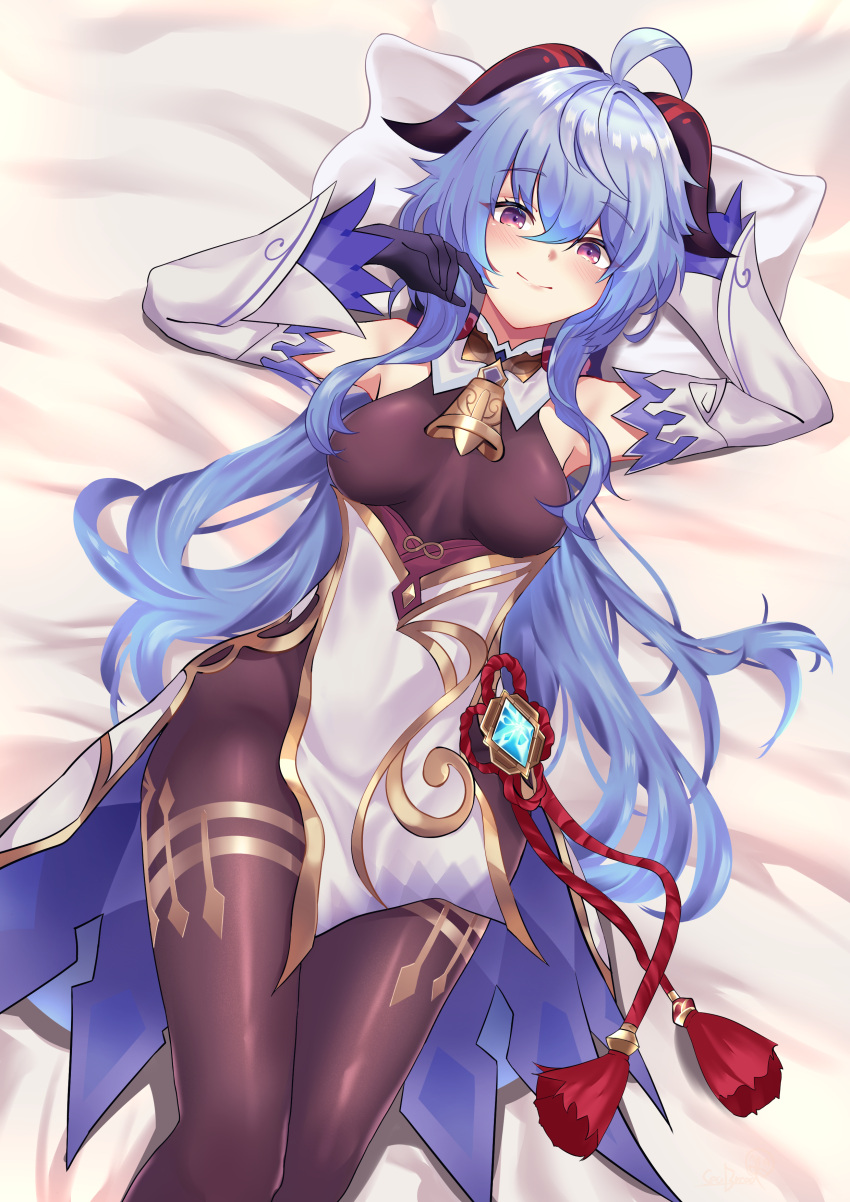 1girl, absurdres, ahoge, bangs, bed_sheet, bell, black_bodysuit, black_gloves