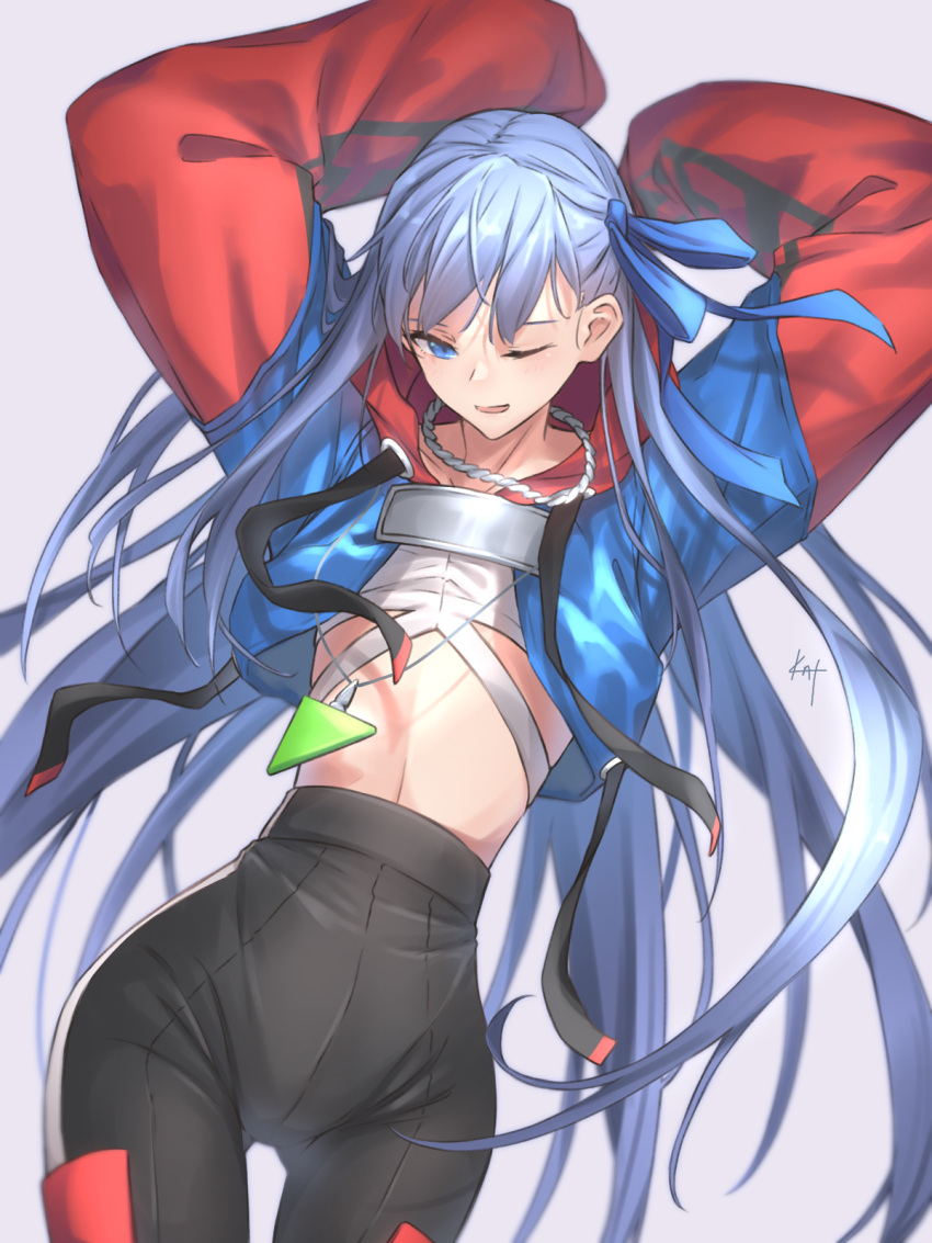 1girl, arms_up, bangs, black_pants, blue_eyes, blue_jacket, blue_ribbon, blush