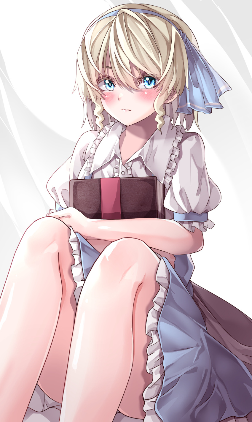 1girl, absurdres, alice_margatroid, alice_margatroid_(pc-98), bangs, blonde_hair, blue_eyes, blue_hairband, blue_skirt, blush, book, buttons, closed_mouth, collar, eyebrows_visible_through_hair, hair_between_eyes, hairband, highres, light, looking_at_viewer, maboroshi_mochi, puffy_short_sleeves, puffy_sleeves, shadow, shirt, short_hair, short_sleeves, sitting, skirt, solo, touhou, touhou_(pc-98), white_shirt, white_sleeves