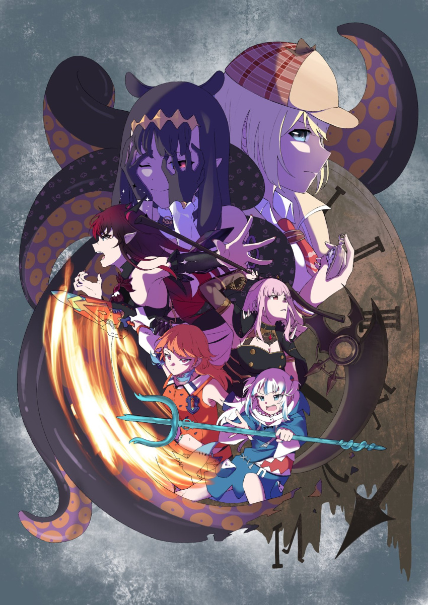 6+girls, animal_ears, animal_hood, bangs, black_hair, blonde_hair, blue_eyes, blue_hair, breasts, demon_horns, earrings, facing_viewer, feather_earrings, feathers, fish_tail, flaming_sword, flaming_weapon, from_side, gawr_gura, hands_on_own_face, hat, highres, holding, holding_pocket_watch, holding_polearm, holding_scythe, holding_sword, holding_weapon, hololive, hololive_english, holomyth, hood, horns, irys_(hololive), jewelry, kogawa_u, long_hair, looking_ahead, looking_at_viewer, looking_up, midriff, mori_calliope, multicolored_hair, multiple_girls, navel, necktie, ninomae_ina'nis, one_eye_closed, open_mouth, orange_hair, outstretched_arm, pink_eyes, pink_hair, pointy_ears, polearm, profile, red_eyes, redhead, scythe, shark_hood, shark_tail, short_hair, streaked_hair, sword, tail, takanashi_kiara, tentacles, trident, watson_amelia, weapon