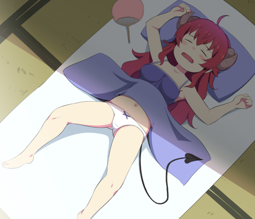 1girl, ahoge, barefoot, camisole, demon_tail, fang, futon, hand_fan, honda_naoki, horns, indoors, long_hair, lying, machikado_mazoku, no_pants, on_back, panties, paper_fan, pillow, redhead, skin_fang, sleeping, solo, tail, tatami, uchiwa, underwear, white_panties, x_navel, yoshida_yuuko_(machikado_mazoku)
