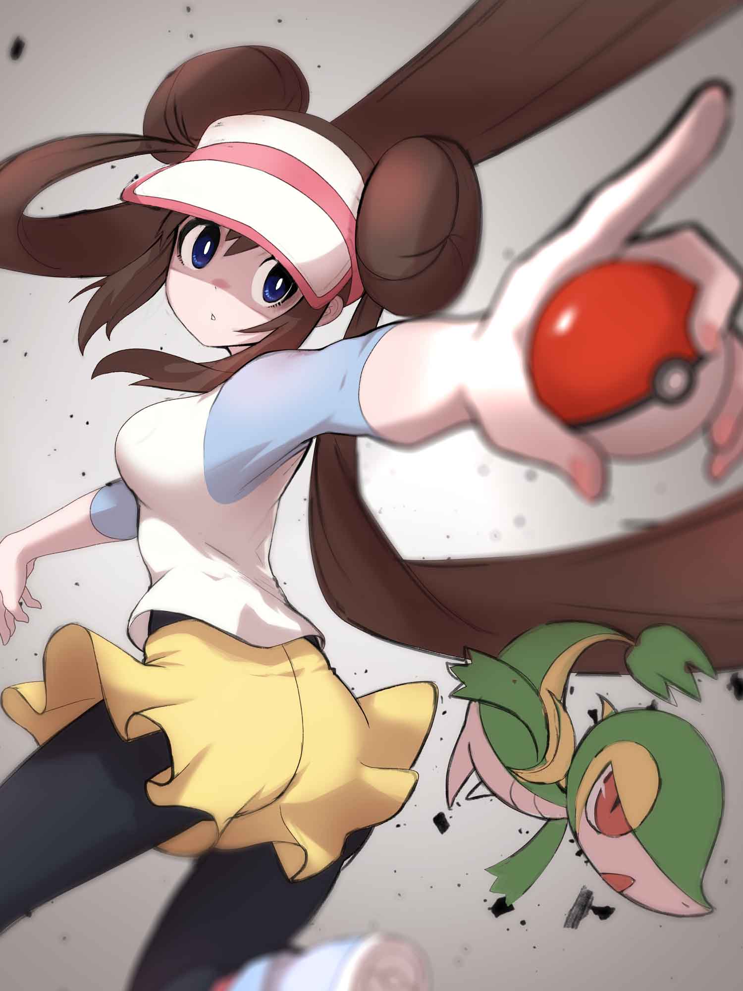 1girl, ass, black_legwear, blue_eyes, breasts, brown_hair, double_bun, floating_hair, from_behind, gen_5_pokemon, highres, holding, holding_poke_ball, long_hair, outstretched_arms, pantyhose, parted_lips, pointing, poke_ball, pokemon, pokemon_(creature), pokemon_(game), pokemon_battle, pokemon_bw, raglan_sleeves, rosa_(pokemon), shorts, snivy, twintails, ultimateinudog, very_long_hair, visor_cap, yellow_shorts