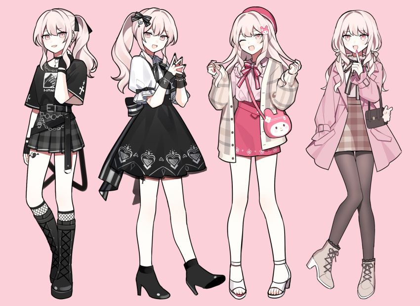 4girls, :3, :d, bangs, beige_cardigan, belt, beret, black_bag, black_belt, black_bow, black_choker, black_dress, black_footwear, black_gloves, black_legwear, black_nails, black_skirt, blush, boots, bow, bowtie, brown_skirt, buttons, cardigan, chain, choker, cross-laced_footwear, cross_choker, cross_hair_ornament, cross_tattoo, dress, ear_piercing, enskkt, fingerless_gloves, fishnet_legwear, fishnets, frilled_sleeves, frills, gloves, grey_footwear, hair_ornament, hat, heart, heart_hair_ornament, heart_print, heart_tattoo, high-waist_skirt, high_heel_boots, high_heels, highres, kneehighs, long_hair, low_twintails, multiple_girls, my_melody, one_eye_closed, onegai_my_melody, open_mouth, original, pantyhose, piercing, pinafore_dress, pink_background, pink_bow, pink_coat, pink_eyes, pink_hair, pink_headwear, pink_shirt, pink_skirt, plaid, plaid_cardigan, plaid_skirt, pleated_skirt, puffy_short_sleeves, puffy_sleeves, shirt, short_sleeves, side_ponytail, sidelocks, skirt, skull_print, smile, t-shirt, tattoo, thigh_tattoo, toeless_footwear, twintails, wavy_hair, white_footwear, white_shirt, wrist_cuffs