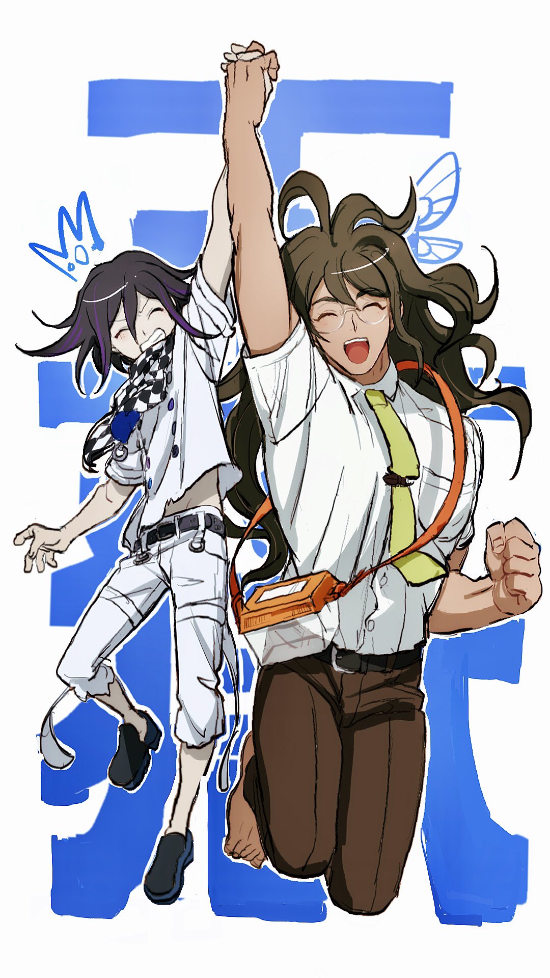 2boys, :d, alternate_costume, animal_print, arm_up, bangs, barefoot, belt