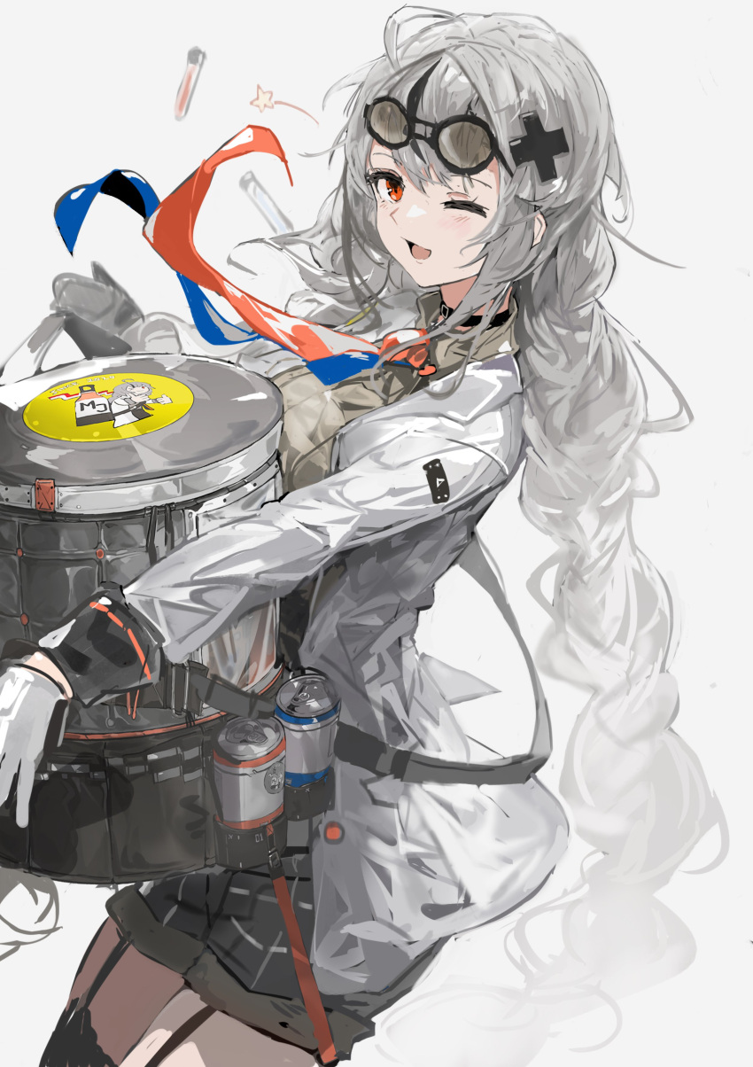 1girl, absurdres, alchemaniac, bangs, blue_neckwear, braid, english_commentary, gloves