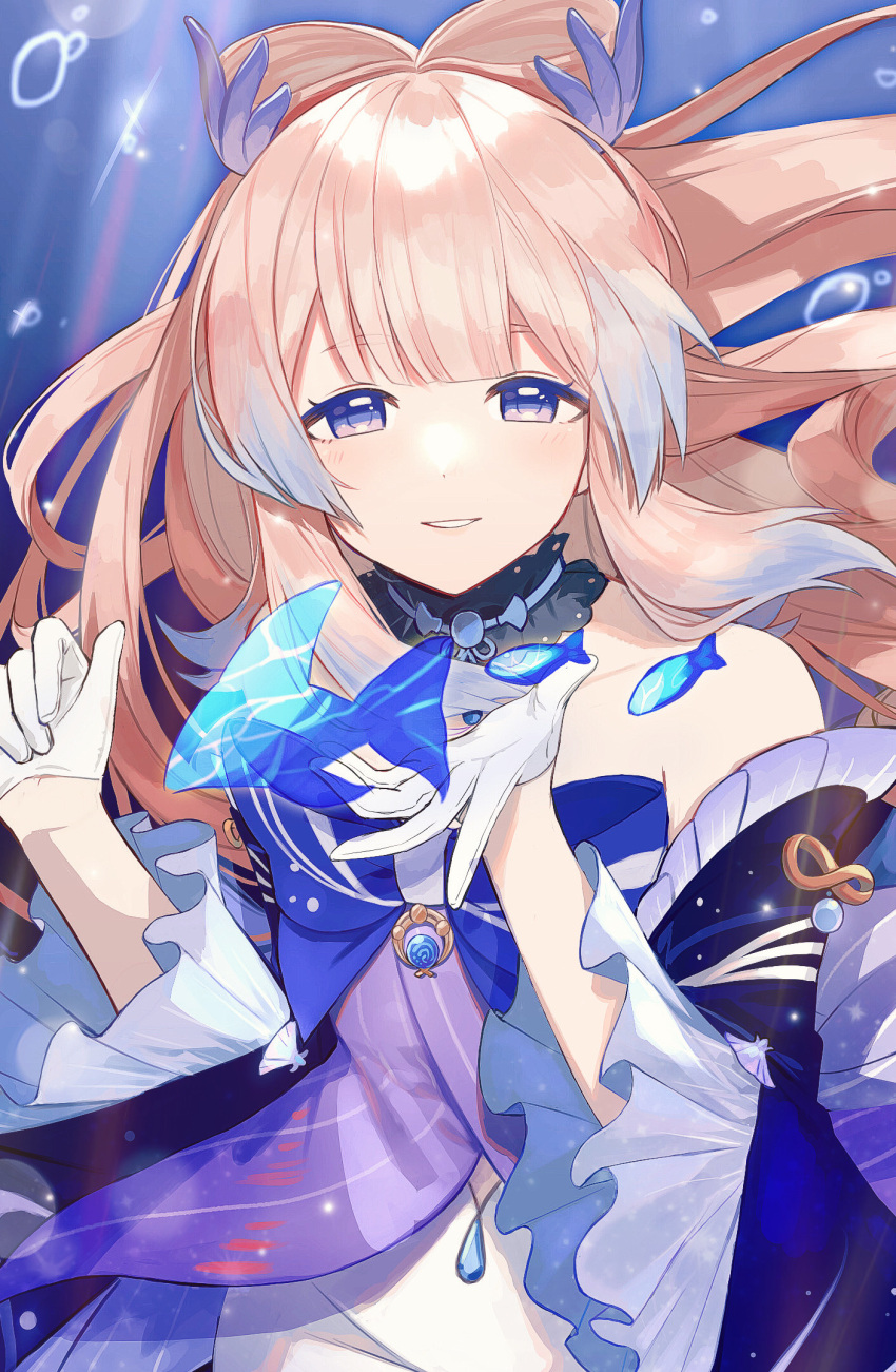 1girl, arisuke_(natuyan), bangs, bare_shoulders, blue_hair, blunt_bangs, blush, fish