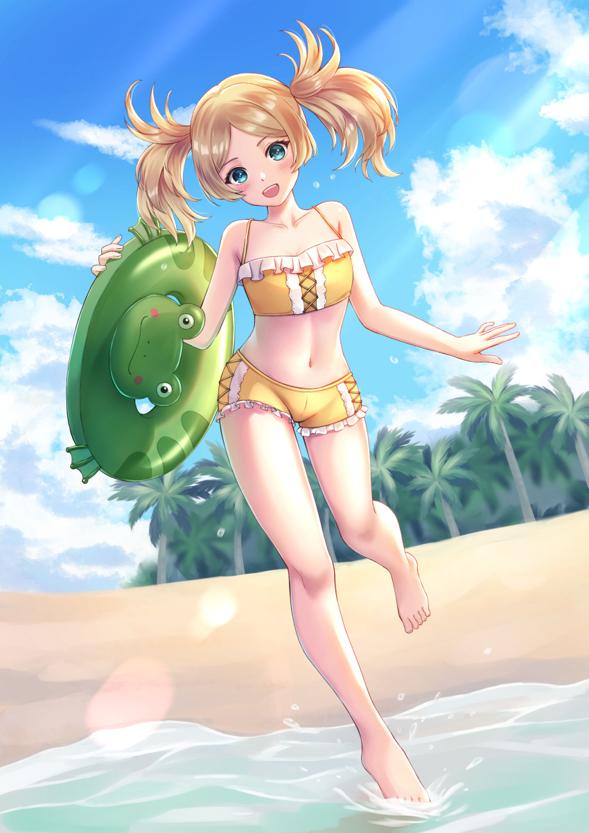 1girl, alternate_costume, barefoot, beach, bikini, bikini_shorts, bikini_top, blonde_hair