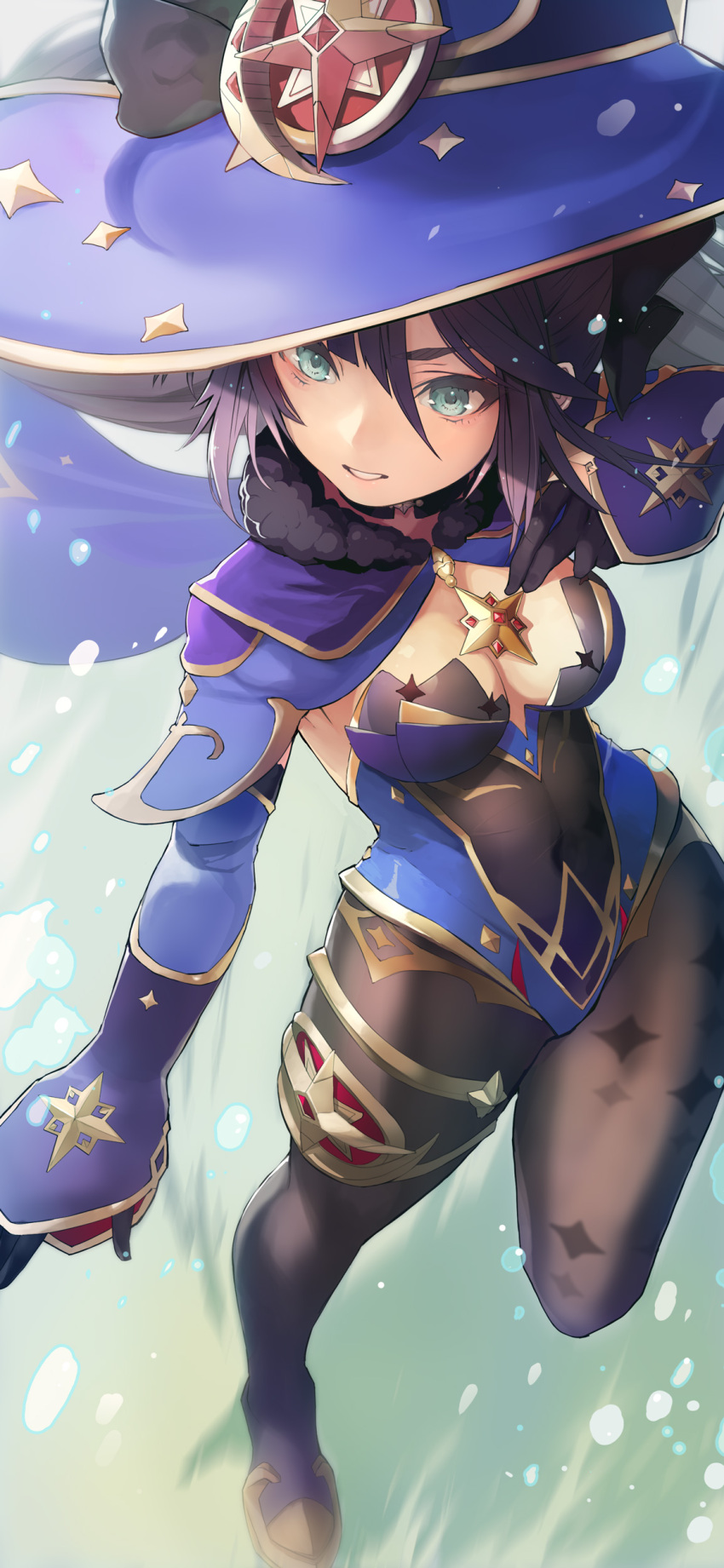 1girl, absurdres, black_legwear, blue_eyes, cape, covered_navel, detached_sleeves, duplicate, from_above, genshin_impact, hair_ornament, hat, highres, kohara_konomi, leotard, long_hair, mona_(genshin_impact), pixel-perfect_duplicate, purple_hair, ribbon, taishi_(picchiridou), thighs, twintails, witch_hat