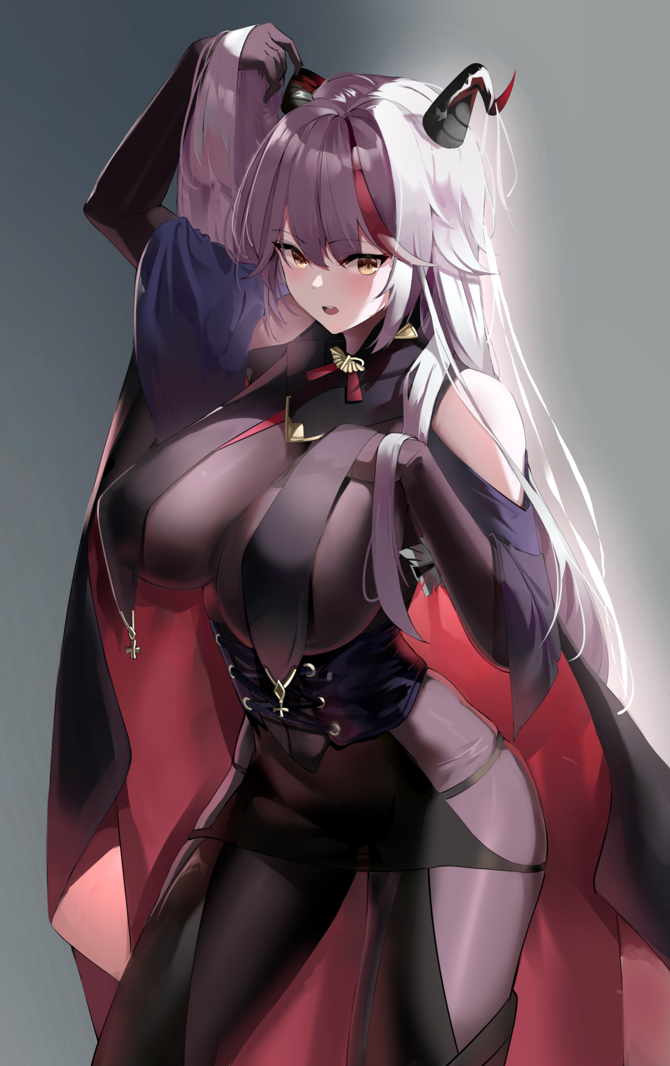 1girl, aegir_(azur_lane), azur_lane, bangs, black_cape, black_horns, black_legwear, bodysuit, breasts, cape, eyebrows_visible_through_hair, gradient, gradient_background, grey_background, highres, horns, large_breasts, long_hair, looking_at_viewer, manu_(pixiv41646715), multicolored_hair, purple_hair, redhead, solo, standing, streaked_hair