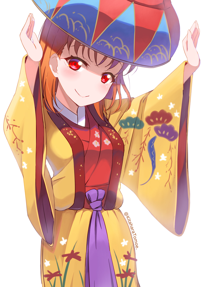 1girl, arms_up, bangs, breasts, commentary_request, hat, japanese_clothes, kimono