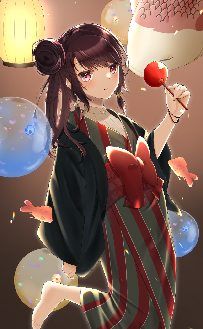 1girl, absurdres, azur_lane, bangs, barefoot, brown_hair, bubble, candy_apple