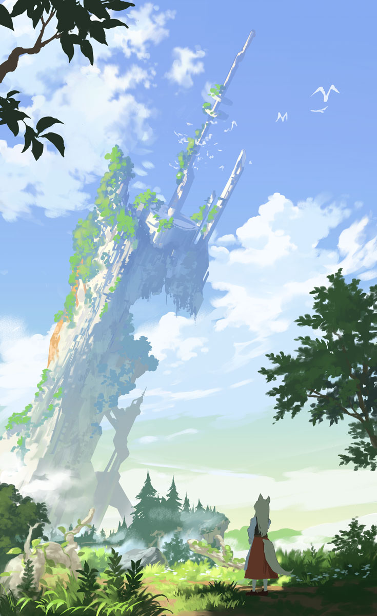 1girl, animal_ears, bird, black_vest, blue_sky, brown_footwear, clouds, commentary_request