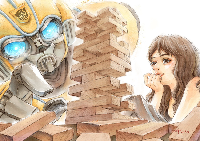 1boy, 1girl, autobot, blue_eyes, brown_eyes, brown_hair, bumblebee, bumblebee_(film)