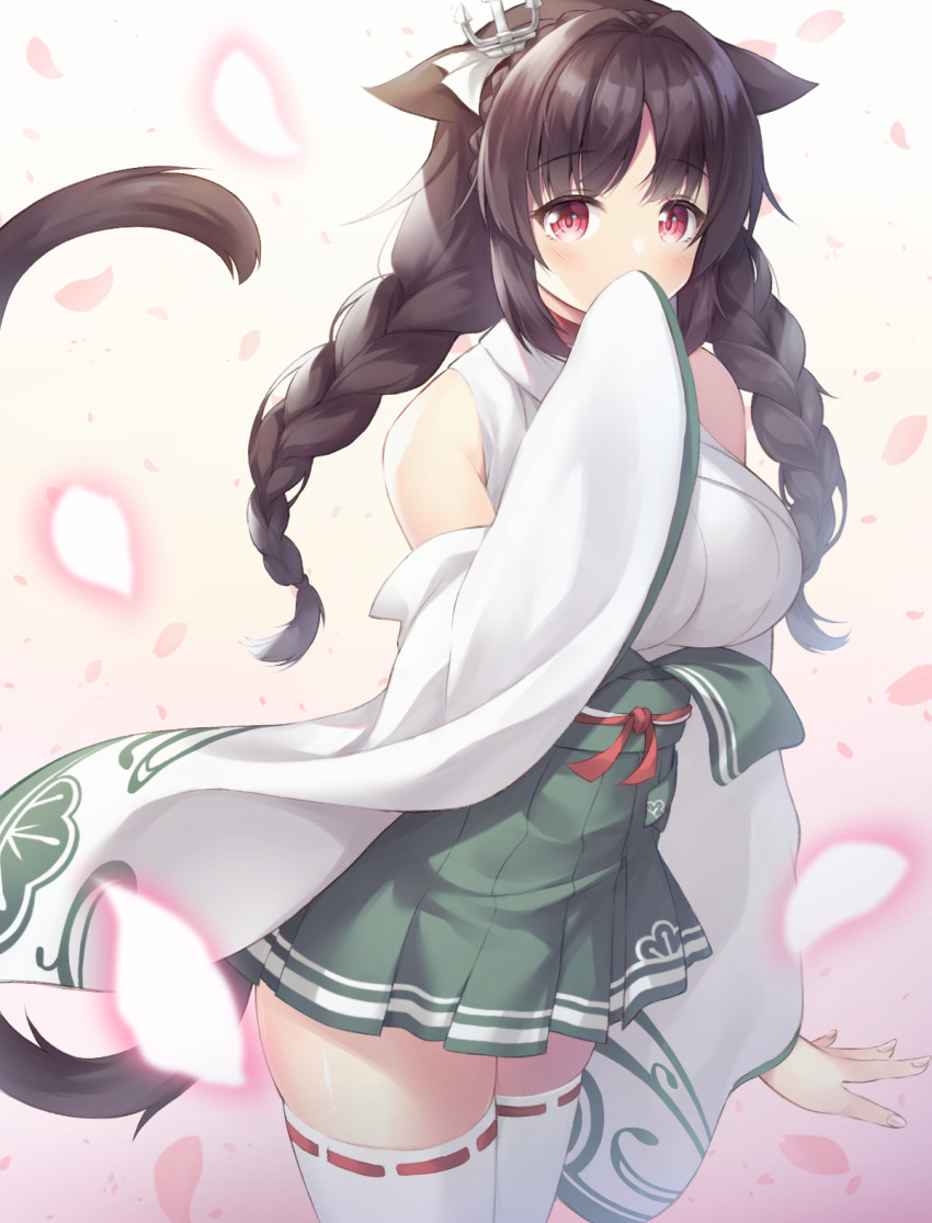 1girl, animal_ears, azur_lane, bangs, black_hair, braid, cat_ears, cat_tail, commentary_request, covering_mouth, detached_sleeves, eyebrows_visible_through_hair, eyes_visible_through_hair, highres, japanese_clothes, kyousaki_nao, long_hair, looking_at_viewer, low_twintails, ooshio_(azur_lane), pleated_skirt, red_eyes, sidelocks, simple_background, skirt, solo, tail, twin_braids, twintails, wide_sleeves