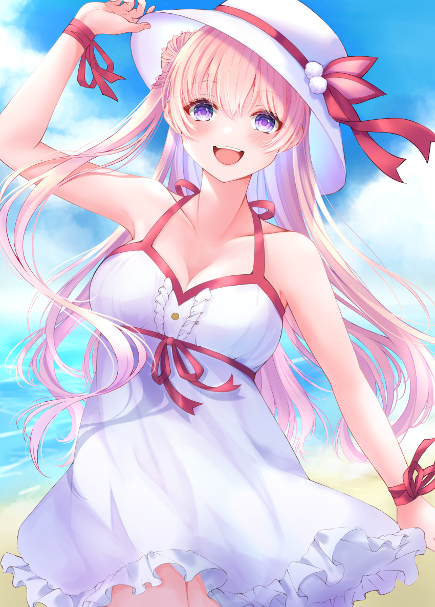 1girl, :d, absurdres, arm_up, beach, blonde_hair, blush, breasts