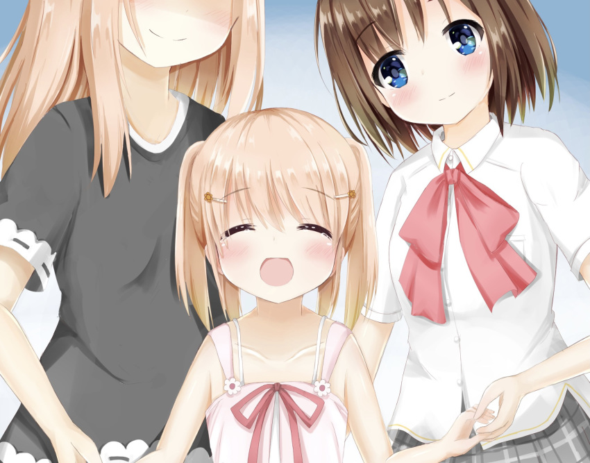 3girls, arizuki_shiina, arizuki_ui, black_shirt, blue_eyes, blush, brown_hair, closed_eyes