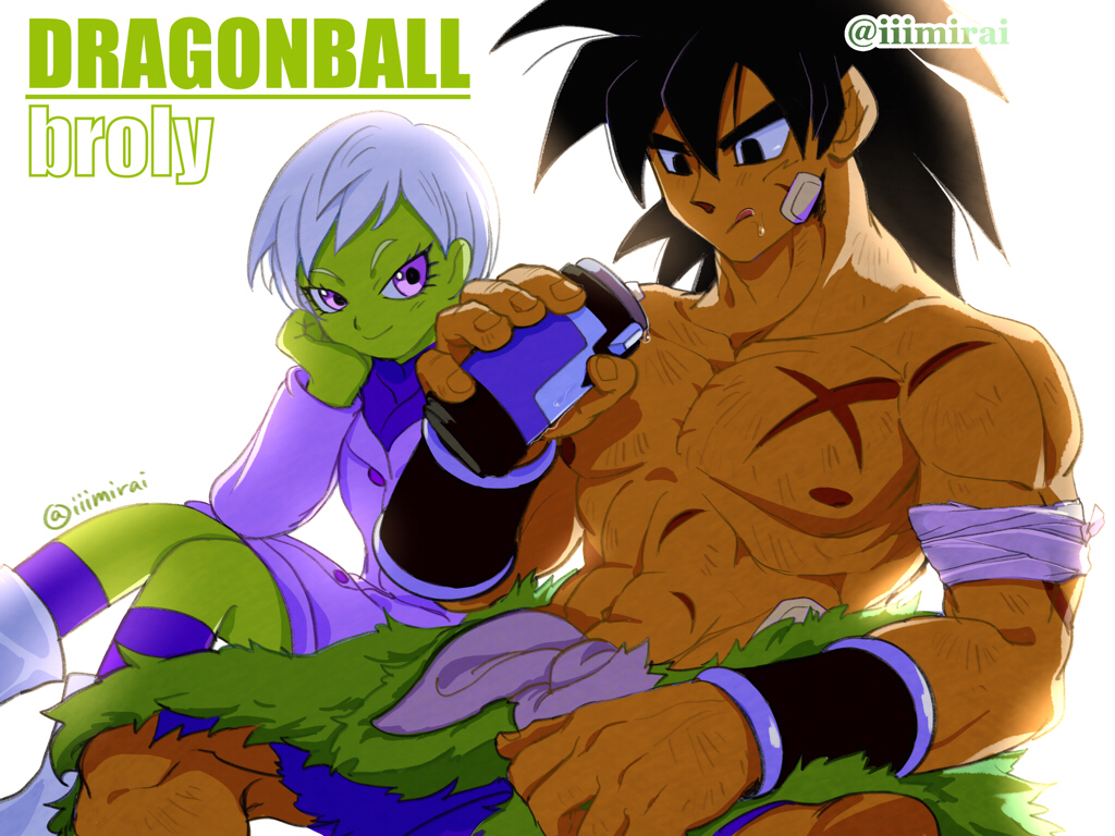 1boy, 1girl, black_eyes, black_hair, bracer, broly_(dragon_ball_super), character_name, cheelai