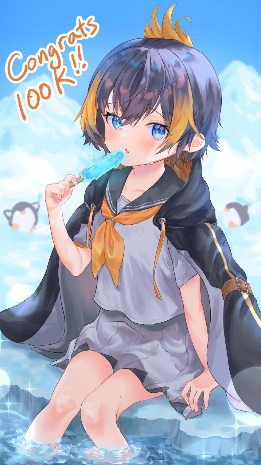 1girl, :o, absurdres, bangs, bird, black_hair, black_hoodie, blonde_hair